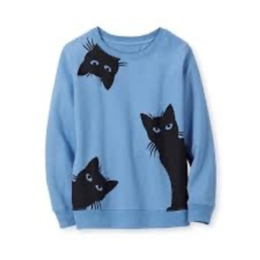 Catalog Favorites Blue Black Cat Graphic Sweatshirt Crewneck Pullover Medium